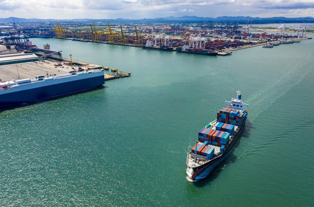 Container ship in a port - sea freight transport