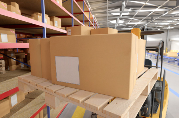 Boxes on a pallet in a warehouse - palletised goods distribution
